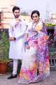 New Hand Printed Gorgeous Couple Set Half Silk Saree And Dhupian Cotton Panjabi. 