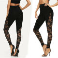 High Waist Black Lace Leggings Women's Ladies Floral Lace Side Panel Cut Out Black Leggings S M L 2XL.