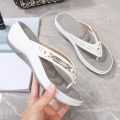 2023 Women's Slippers Summer New Fashion Metal Button Slides Shoes Wedge Beach Sandals Women Outside Platform Leisure Flip Flops.