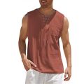 Casual Summer Men Cotton Linen Tank Top Solid Color Sleeveless V Neck Loose Bandage Pocket Vest Tops Men'S Blouse Shirt Clothing.
