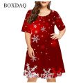 6XL Plus Size Women Clothing Red Christmas Elk Fashion Funny Cute Short Sleeve Print Dress X-Mas Snowman Snowflake Loose Dresses. 