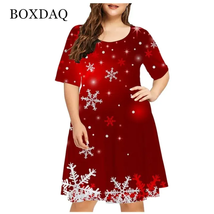 6XL%20Plus%20Size%20Women%20Clothing%20Red%20Christmas%20Elk%20Fashion%20Funny%20Cute%20Short%20Sleeve%20Print%20Dress%20X-Mas%20Snowman%20Snowflake%20Loose%20Dresses%20-%20Image%205