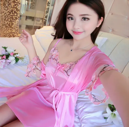 Women%20Night%20Dress%20Gift%20Your%20Wife%20Honeymoon%202%20Pcs%20Short-Sleeved%20Sexy%20Lace%20Strap%20Night%20Skirt%20Silk%20Silk%20Home%20Service%20Suit%20Pajama%20-%20Image%204