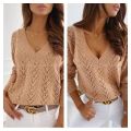 New Women's Polish Style Solid Mocha Hollow V-neck Knitted Sweater.