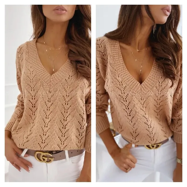 New%20Women's%20Polish%20Style%20Solid%20Mocha%20Hollow%20V-neck%20Knitted%20Sweater%20-%20Image%202
