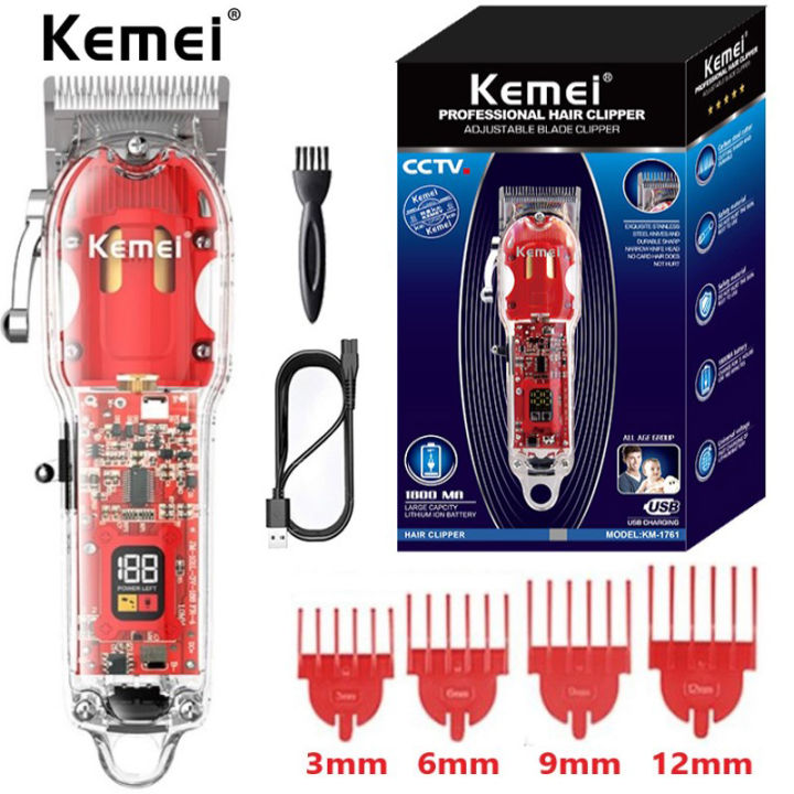 Kemei Rechargeable Hair Cutting Machine Barber Shop Fade Hair Clippers Cordless Trimmer Transparent Cover Red Base KM-1761 246