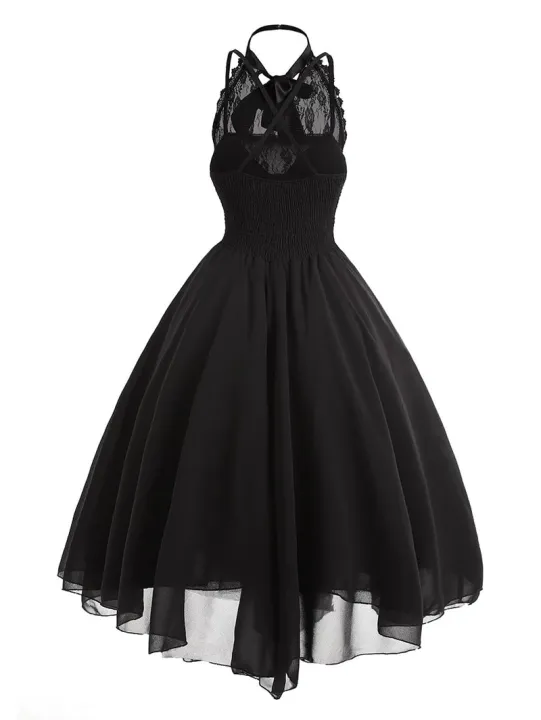 Fitshinling%20Gothic%20Ball%20Gown%20Party%20Dresses%20For%20Women%20Halter%20Lace%20Patchwork%20Sleeveless%20Vestidos%20Bow%20Tie%20Corset%20Short%20Midi%20Dress%20-%20Image%202