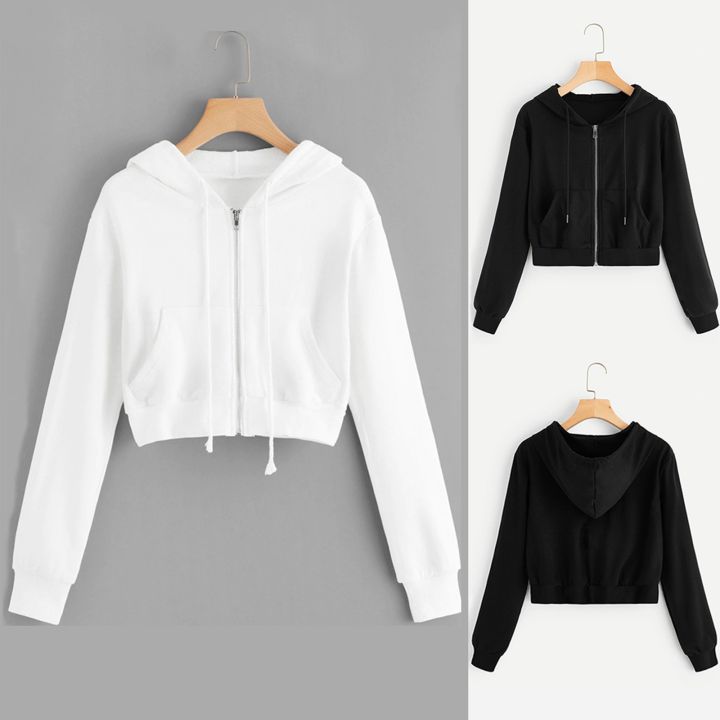 Zipper Hoodies Drawstring Sweatshirt Women Crop Jacket Casual Solid Long Sleeve Pocket Shirt Thin Short Tops Ropa Mujer Daraz .bd