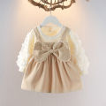 (0-2 years old) Newborn New Winter Baby Girls Dress Halter Bow Long Sleeve Lace Sweet Princess Dress Lace Pleated A-line Dress. 