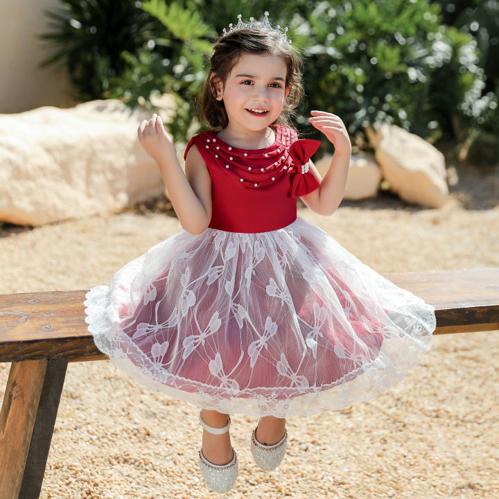 Children Clothes New Bow Lace Flower Girl Dress Sweet Baby Girl Birthday Party Princess Dress For Girls Wedding Dresses Daraz .bd