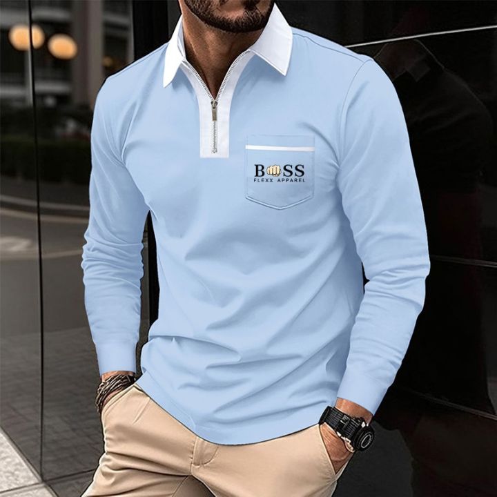 New patchwork zipper lapel fashionable casual men's long sleeved T-shirt Polo hot selling men's top clothing