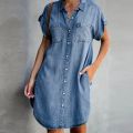 2023 Casual Korean Plus Size Denim Dress For Women Summer Dresses Lapel Pocket Loose Long ladies Jeans Dress 5XL Vestidos. 