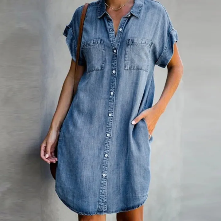 2023%20Casual%20Korean%20Plus%20Size%20Denim%20Dress%20For%20Women%20Summer%20Dresses%20Lapel%20Pocket%20Loose%20Long%20ladies%20Jeans%20Dress%205XL%20Vestidos%20-%20Image%203