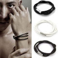 PU Leather Bracelet Black Silver Men's Unisex.