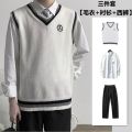 Three-Piece Set-College WinddkUniform Men's Sweater Vest Male Student TrendjkKnitted Sleeveless Sweater Shirt. 