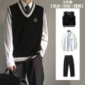 Three-Piece Set-College WinddkUniform Men's Sweater Vest Male Student TrendjkKnitted Sleeveless Sweater Shirt. 