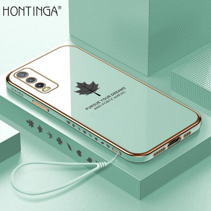Hontinga for Vivo Y20 Y20i Y20S Y12S Y20 2021 Y20SG Y12A Back Cover + Free Lanyard Luxury 6D Plating Shiny Maple leaf Phone Case Soft Silicone Square Mobile Cover