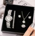 Fashion Luxury Full Crystal 5 Pcs Watch Necklace Earrings Ring Set for Women Rhinestone Wristwatch Female Bracelet Set Gift.