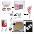 7 A Set Cake Decoration Turntable , 12 Pieces Steel Nozzle Set , 3 pieces planner , Measuring Spoon Set , 3 pieces Plastic Cream Scraper ,10 Pieces Pipping Bags & 3 pieces cake Board. 