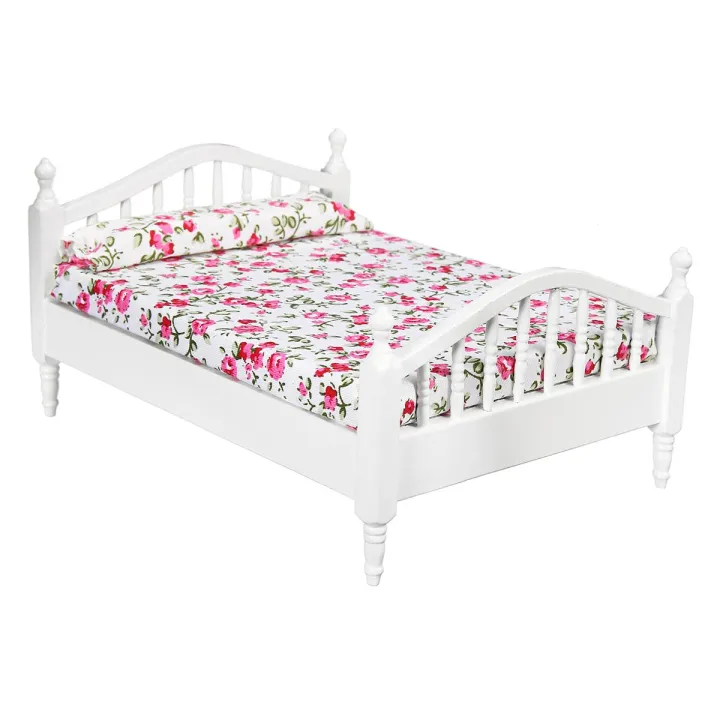1:12%20Dollhouse%20Miniature%20Bedroom%20Furniture%20Wooden%20Bed%20With%20Mattress%20White%20European%20-%20Image%204
