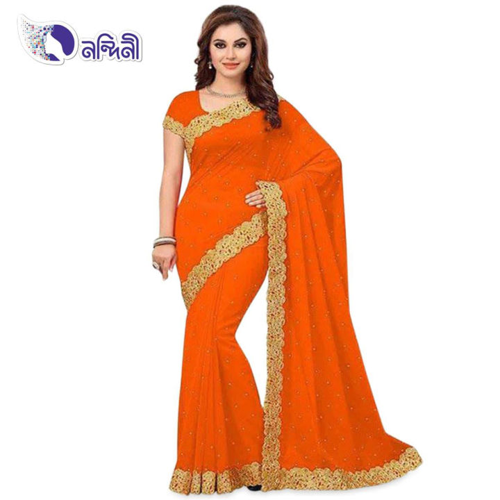 Dark Blue Georgette Saree for Women's Wear Straight Cut Anarkali Style Net Gown with Embroidered Blouse Piece