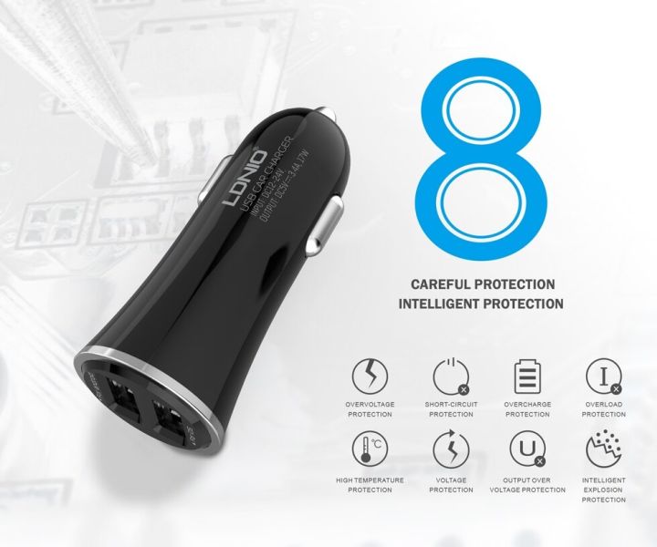 LDNIO C28 Dual USB 3.4A Car Charger With Lightning Cable