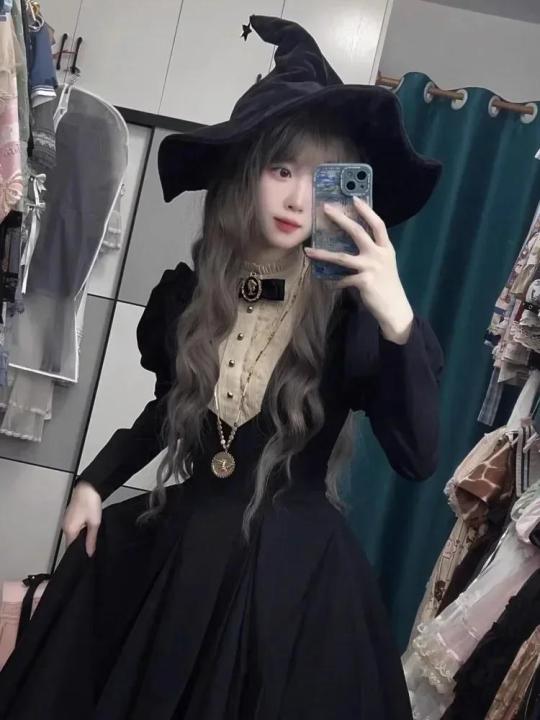 2024%20New%20Gothic%20Punk%20Dark%20Style%20Lolita%20Women's%20Dress%20Harajuku%20Vintage%20Black%20Long%20Bubble%20Sleeve%20Waist%20Cinched%20Dress%20Autumn%20Winter%20-%20Image%203