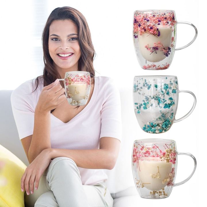 Dried Flower Double Walled Glass Mug 350ml Coffee Mug with Dry Flowers Decorative and Creative Flower Mug Double Wall Flower Cup