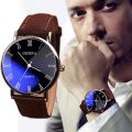 Men Watch Roman Numerals Blu-Ray Faux Leather Band Quartz Analog Business Wrist Watch. 