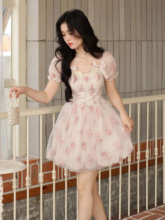 Floral%20Sweet%20Fairy%20Bodycon%20Dresses%20for%20Women%20Elegant%20Party%20Print%20French%20Female%20Korean%20Fashion%20Cute%20Mini%20Dress%20Summer%202023%20Pink%20-%20Image%204