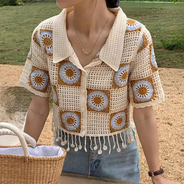 %E3%80%90Factory-direct%E3%80%91%20Granny%20Square%20Crochet%20Top%20Short%20Sleeve%20Collared%20Button%20Down%20Open%20Knit%20Crop%20Cardigan%20for%20Women%20Teengirl%20Boho%20Vintage%20Outfit%20-%20Image%202