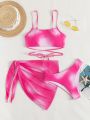 【Top Picks】 Sleep women 3 Pieces Ombre Lace Up Swimsuit Beach Skirt Swimwear Women 2023 Bathing Swimming Swim Suit Female Summer Beachwear. 