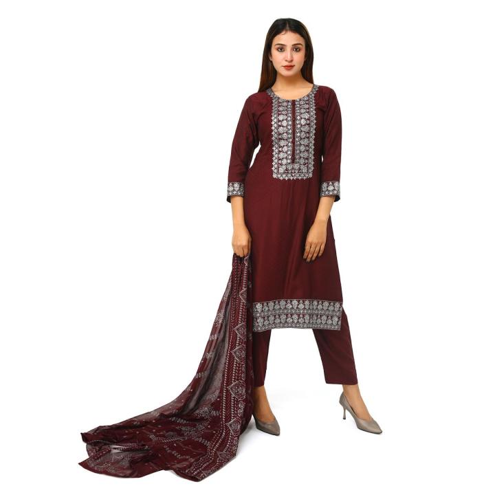 Maroon Readymade Stitched Cotton Three Piece For Women