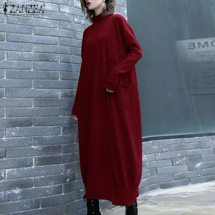 ZANZEA%20Womens%20Long%20Sleeve%20Mock%20Neck%20Casual%20Loose%20Midi%20Dress%20Kaftan%20Baggy%20Dresses%20#8%20-%20Image%202