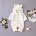 Newborn Baby Winter Hoodie Romper, Long Sleeve Knitted Solid Color Button Jumpsuit. 