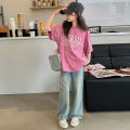 Girls Summer T-Shirt Set 2024 New Western Style Girls Summer Dress Loose Short Sleeve Kids Denim Wide-leg Pants. 