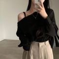 Sense of Design ins Large Lapel Strapless Long Sleeve Shirt Women's Salt Casual Korean Women's Outer Wear. 