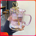 Girl Heart Bubble Starry Sky Cup Star Sequin Double Wall Glass Handle Heat-resistant Milk Kawaii Cute Coffee Mug. 