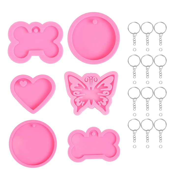 6Pcs Silicone Keychain Molds with 12Pcs Key Rings, 12Pcs Jump Rings for Epoxy Pendant DIY Crafts