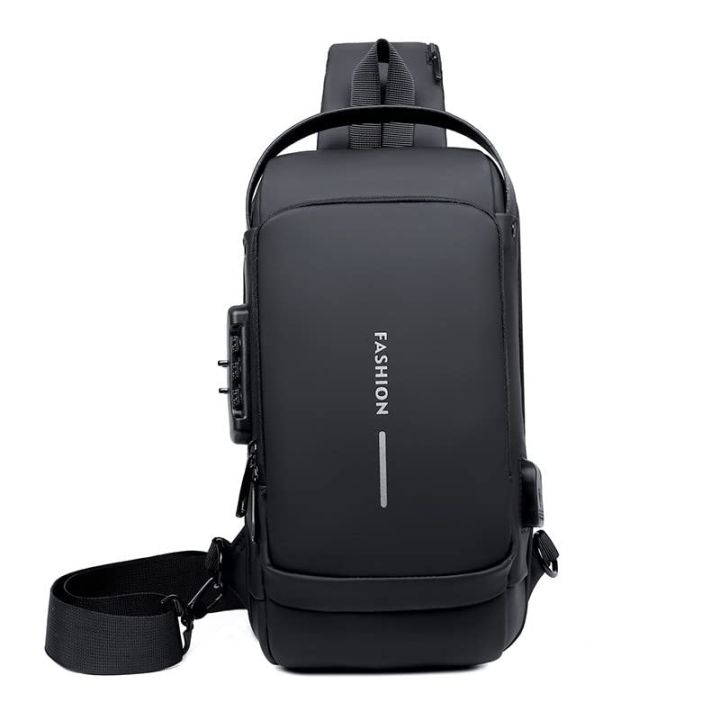 Anti-theft Travel Bag Male USB Charging Chest Bag Pack Multifunction Patent Leather Chest Bag Men Waterproof Men Crossbody Bag.
