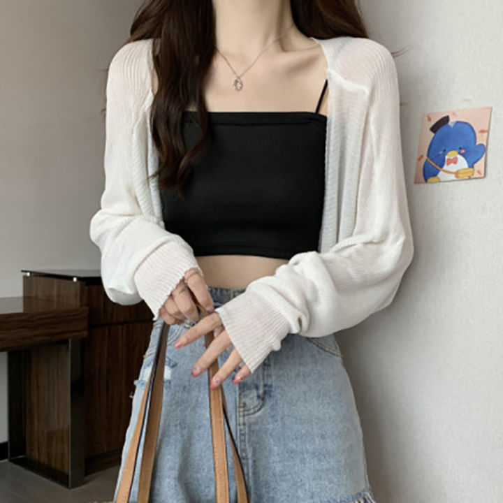 Summer Fashion Short Knitted Sunscreen Cardigan Women Solid Color Long Sleeve Thin Smock