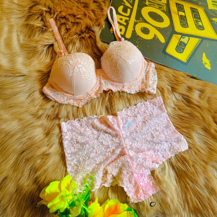 Soft Pink Net Foam Padded Pushup Bra and Panty Set for Women and Girls, Adjustable Straps, Available in Sizes 32-42