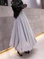 2022 New Spring Summer Korean Style Women Swing Long Skirt Pleated Lace Mesh Sweet Loveliness Lady High Waist Ball Gown Skirts.
