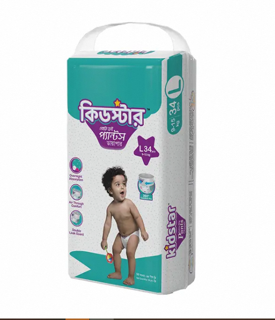 Kidstar Ultra Soft Baby Pant Diaper Large (L) 34pcs Pack (9-18 Kg) for Kids Dryness, Safety and Comfortable Pampers