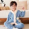 New Autumn Winter Kids Thicken Warm Flannel Pajamas Baby Boys Girls Cartoon Bear V-neck Casual Sleepwear Clothing Sets Pyjamas.