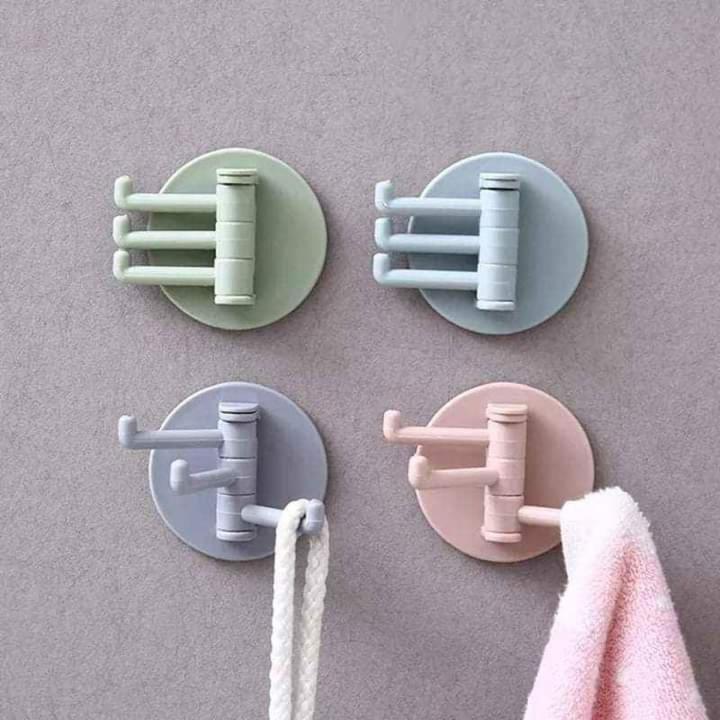 Multifunctional bathroom wall shelf free punching seamless trace rack rotating hook strong 3 branch rotating sticky hook