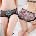 Women Rose Embroidery See-through Transparent Panties. 