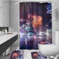 Romantic France Paris Eiffel Tower Style Bathroom Set Flannel Non Slip Pedestal Rug + Toilet Lid Cover + Floor Mat Bath Mat Set and Mildew-proof Waterproof Shower Curtain.