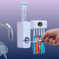 RAISA Automatic Toothpaste Dispenser and Brush Holder Set Wall Mountable Bathroom Organizer with Dust Proof Toothbrush Storage.