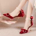 French Xiuhe Wedding Dress Two-Way Wedding Shoes Summer Women's Bridal Shoes Stiletto Toe Box Sandals Women's Pearl Red High Heels.